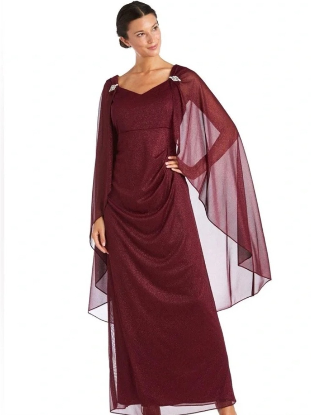 Elegant Burgundy Maxi Dress with Sheer Capelet
